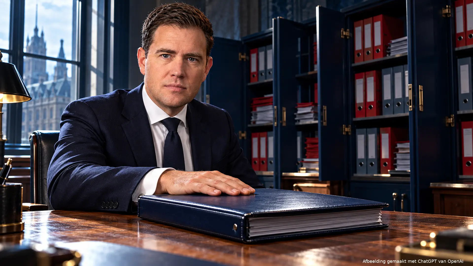 Illustratie van Eelco Heinen met zijn hand op een gesloten dossiermap, voor volle open archiefkasten.