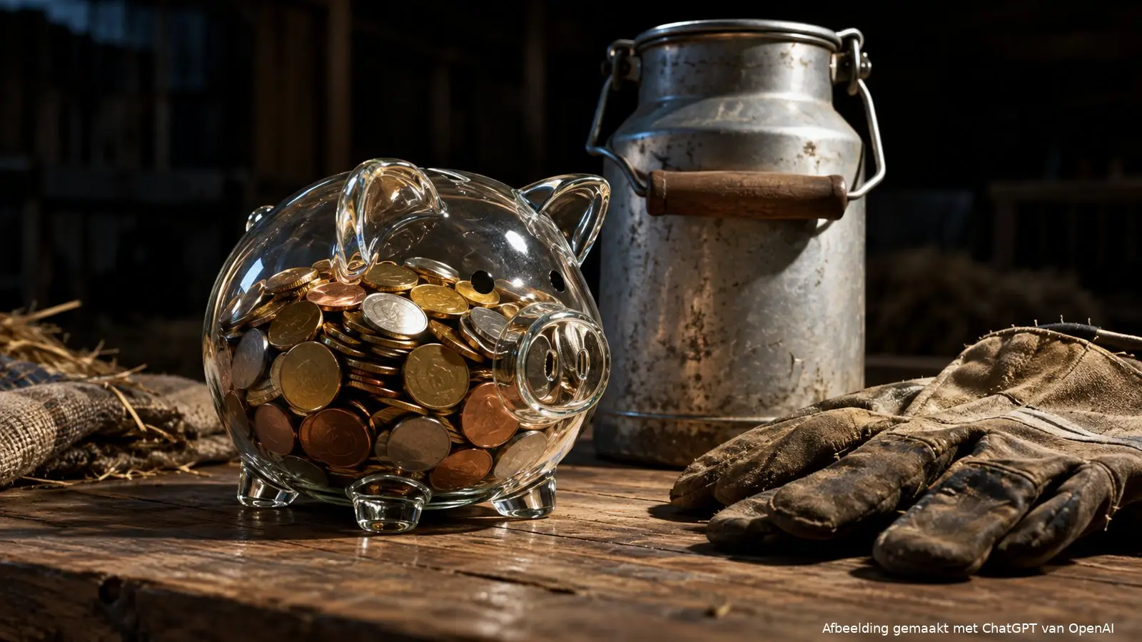 Glazen spaarpot met munten naast een melkkan en werkhandschoenen op een houten tafel