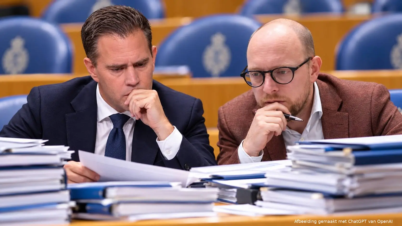 AI-illustratie van Eelco Heinen en Eelco Eerenberg boven begrotingsmappen in de Tweede Kamer.