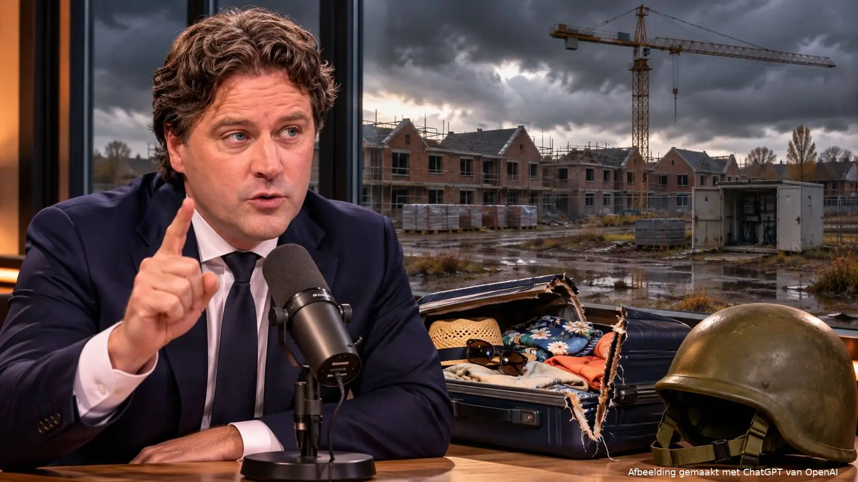 AI-illustratie van Henri Bontenbal met opgestoken vinger aan een radiotafel, naast een opengeknipte vakantiekoffer en militaire helm, met een verlaten woningbouwplaats achter het raam.