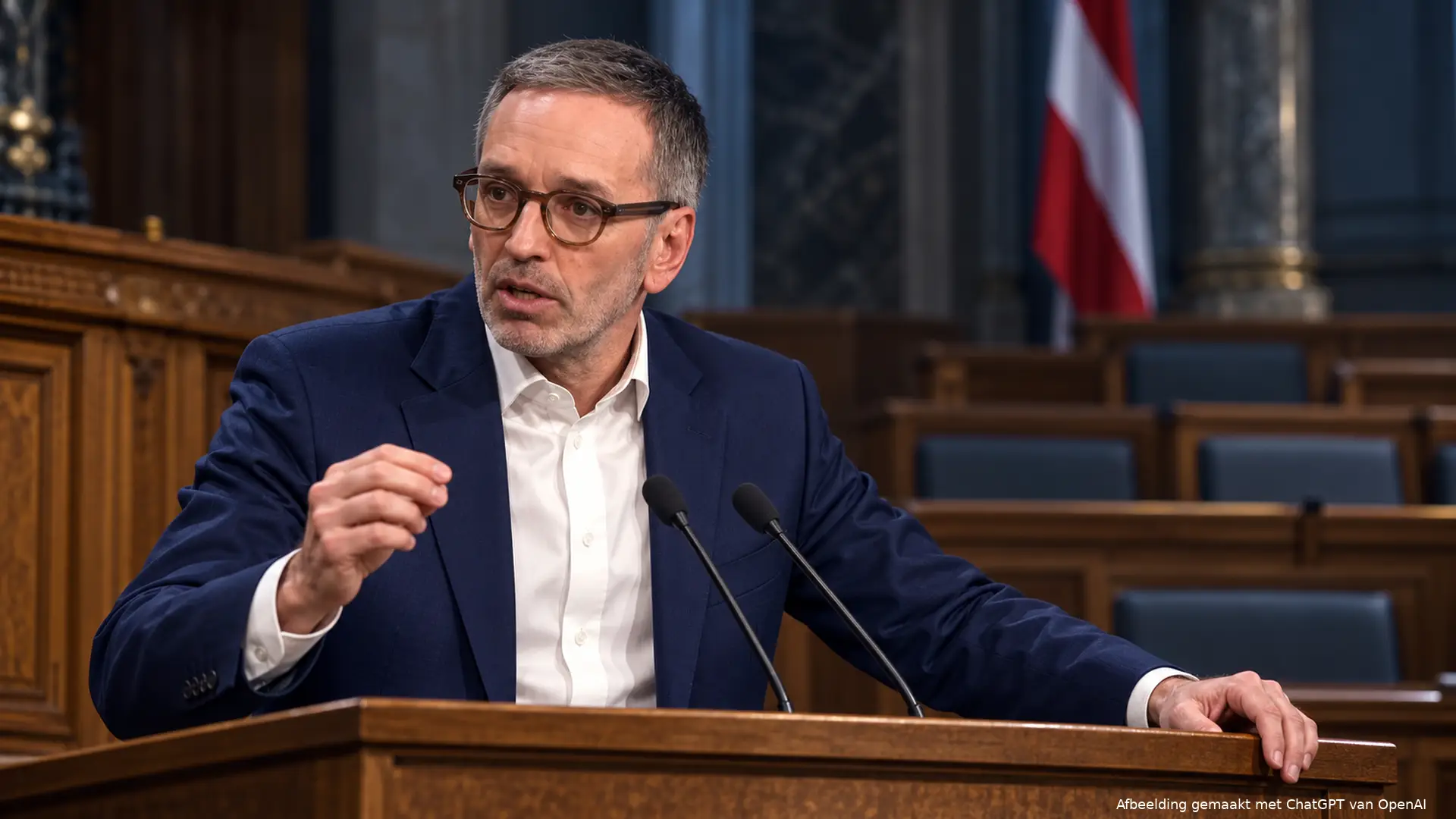 Illustratie van Herbert Kickl achter het spreekgestoelte in het Oostenrijkse parlement.