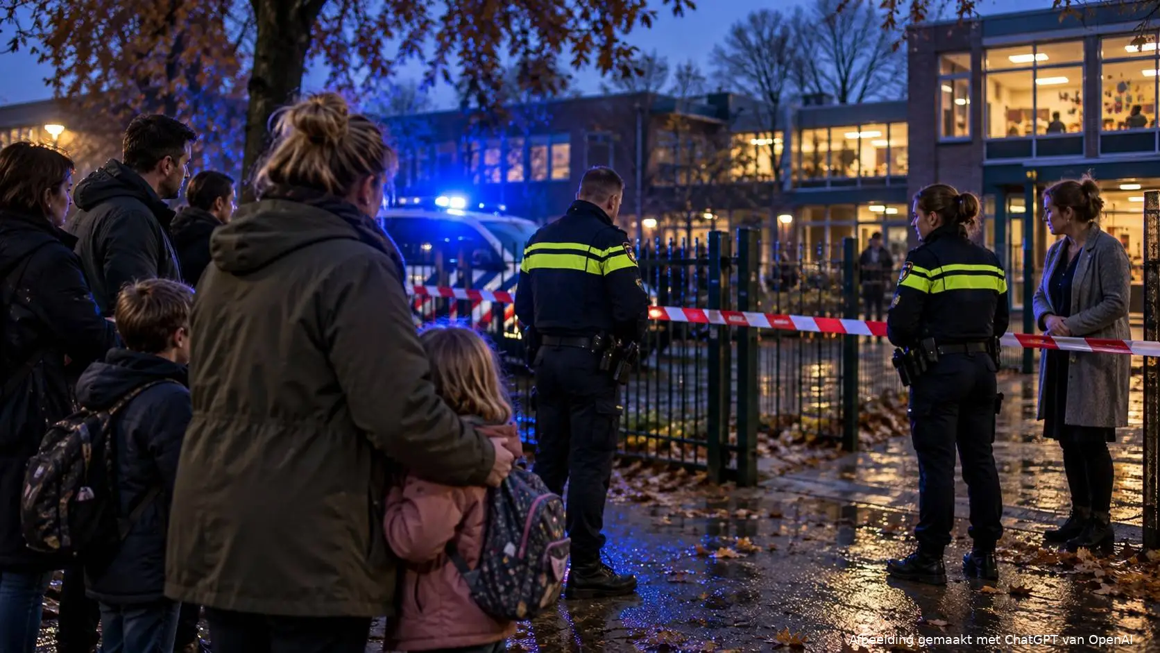 Agenten bij afzetlint voor een basisschool in de schemering, ouders met kinderen kijken toe in blauw zwaailicht