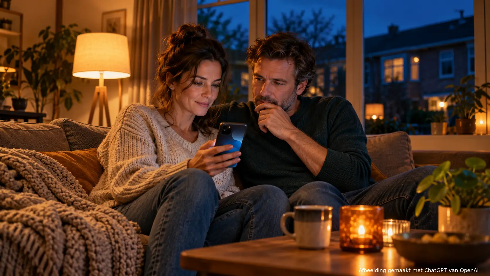 Man en vrouw zitten op een bank in een woonkamer en kijken samen naar een smartphone