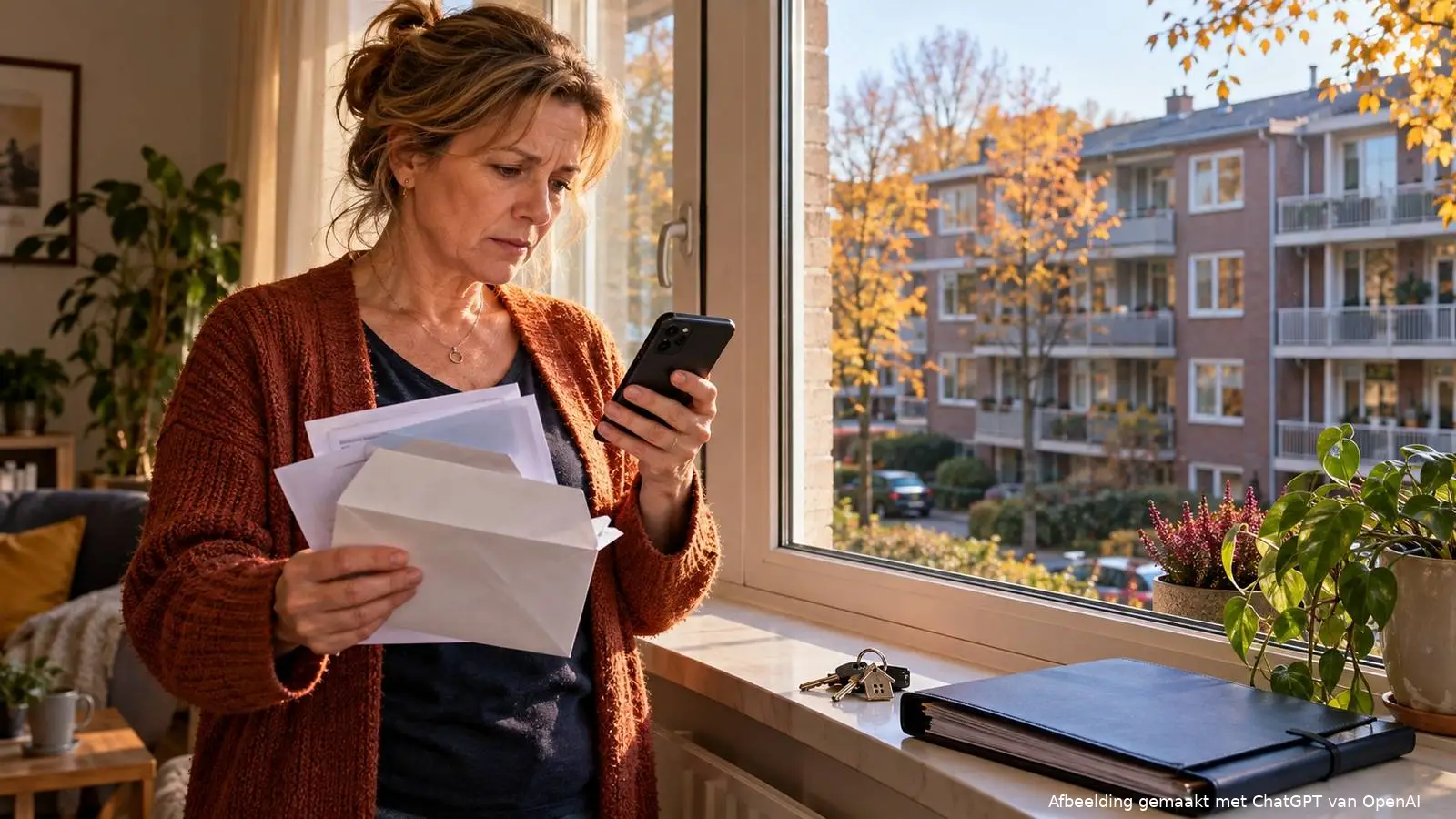 Vrouw staat bij het raam van haar huurwoning met brieven en bekijkt haar telefoon.