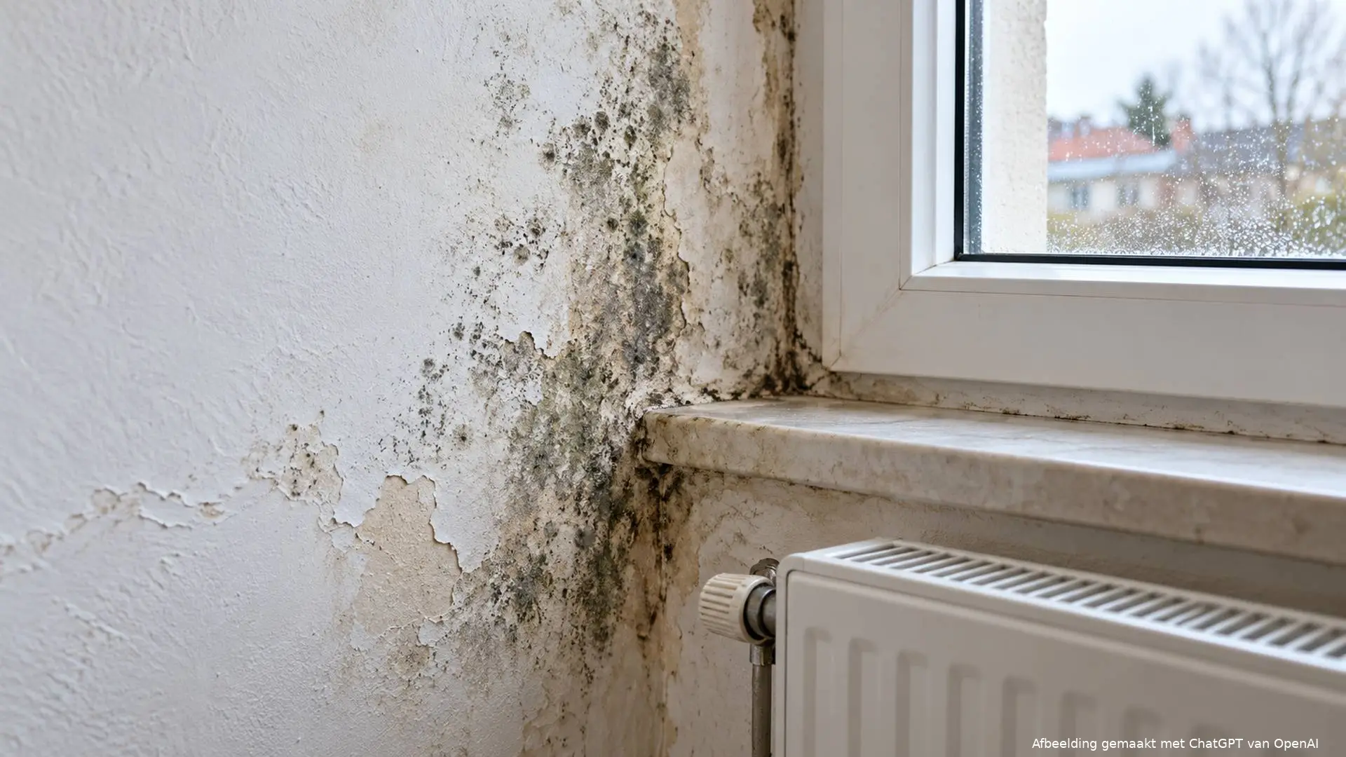 Schimmel en vochtschade bij een raam in een huurwoning.