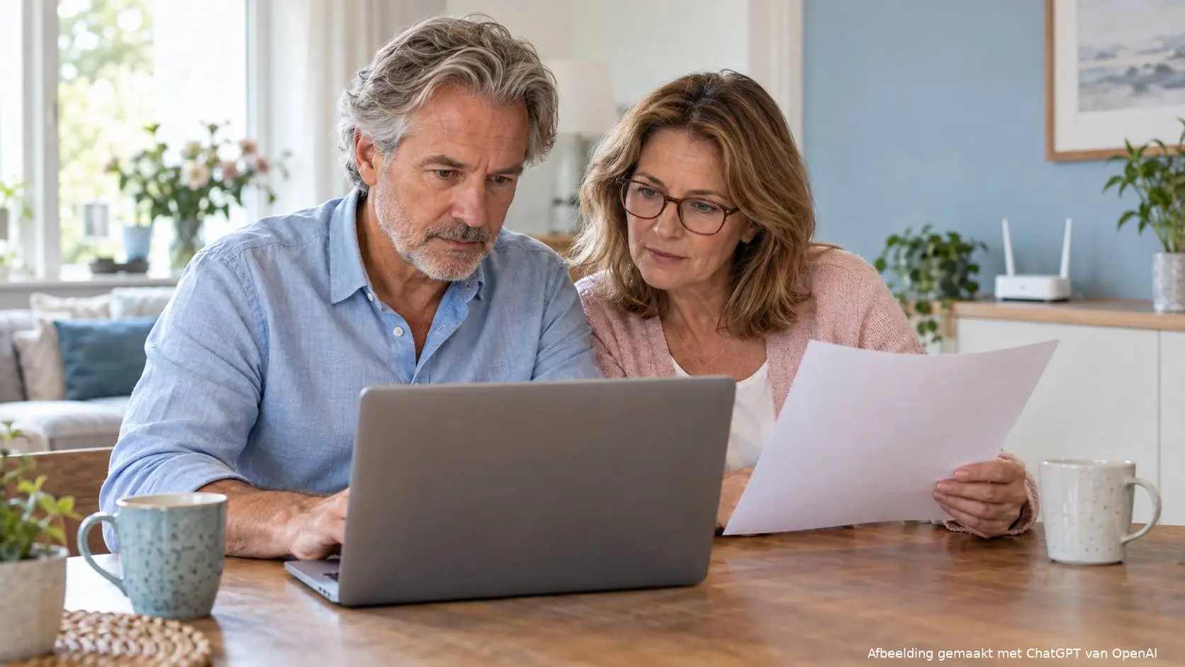 Stel bekijkt samen een laptop en een papieren rekening, met een wifi-router op de achtergrond.