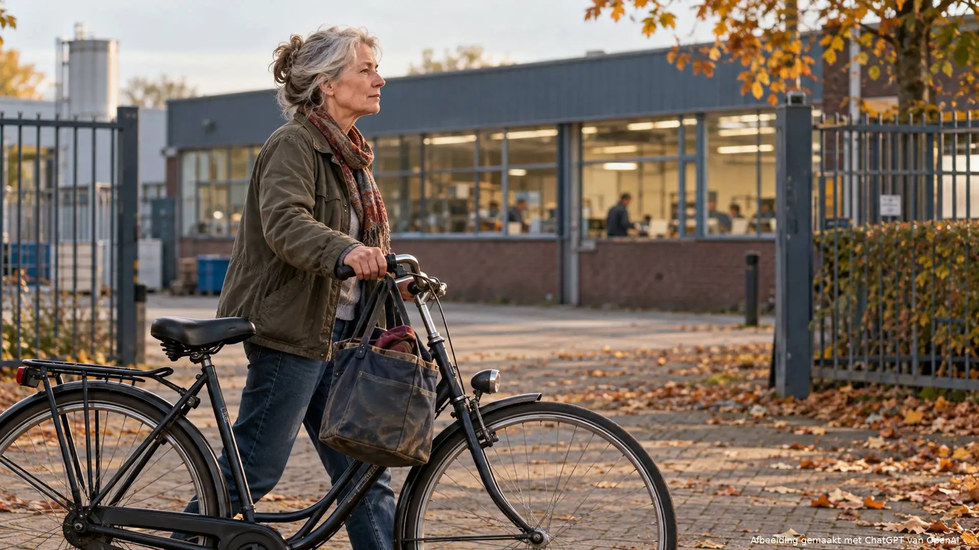 Vrouw loopt met haar fiets en een werkkledingtas weg van een fabrieksterrein.