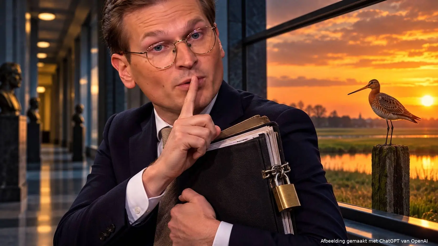 AI-Illustratie van Jaimi van Essen met een afgesloten dossiermap en een vinger voor zijn lippen, met buiten een grutto op een paaltje.
