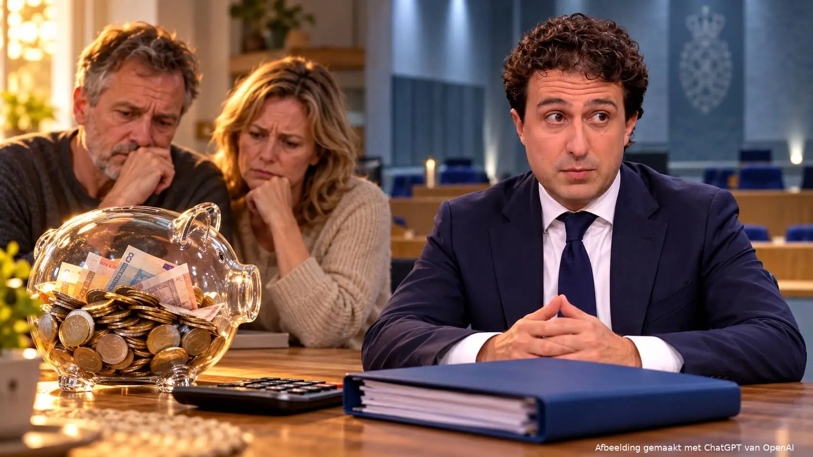 Illustratie van Jesse Klaver naast een glazen spaarvarken, rekenmachine en belastingmap, met een bezorgd stel op de achtergrond.