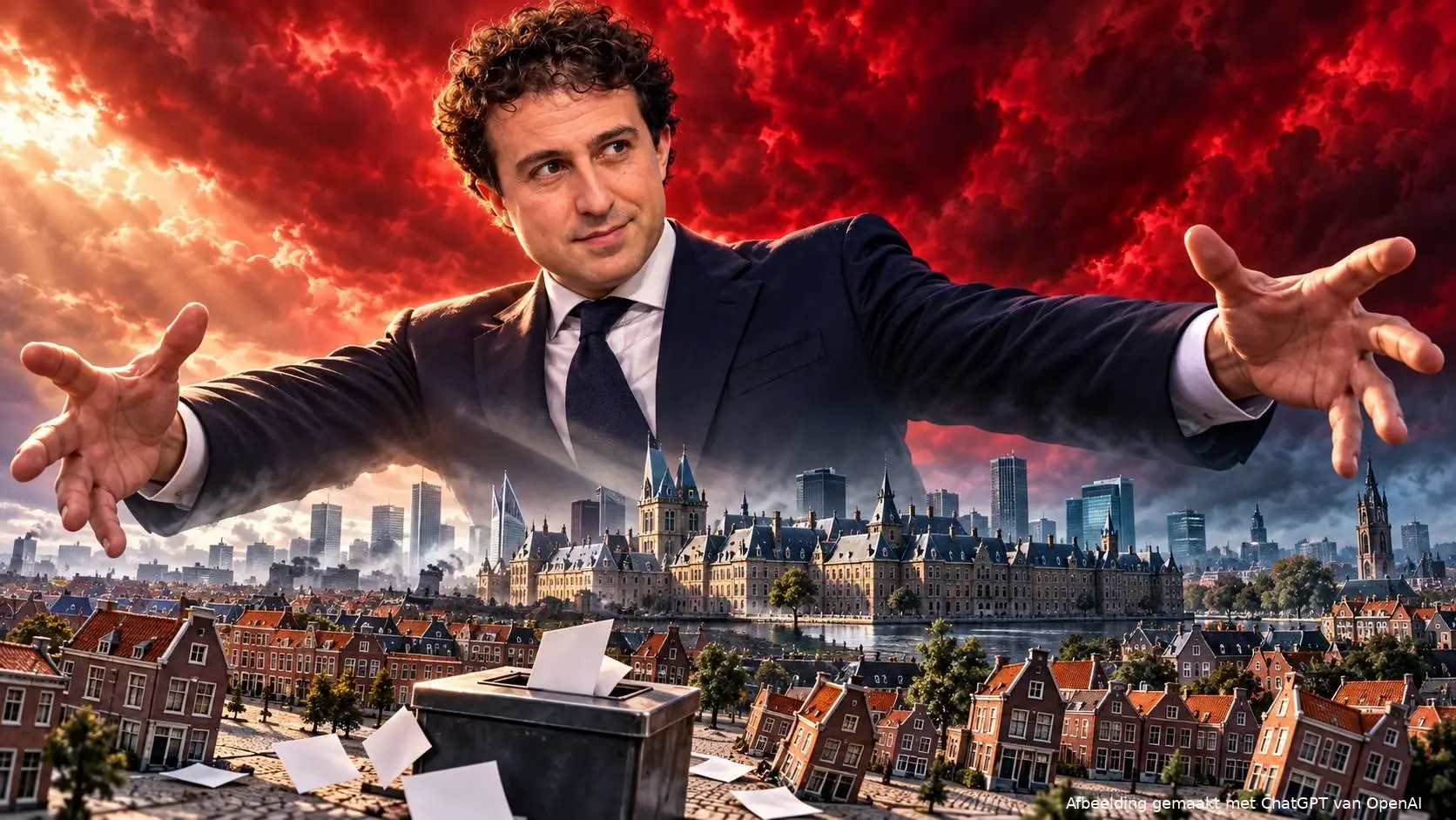 Satirische AI-illustratie van Jesse Klaver als reus boven Nederland, met rode stormwolken, scheefstaande huizen en een stembus.