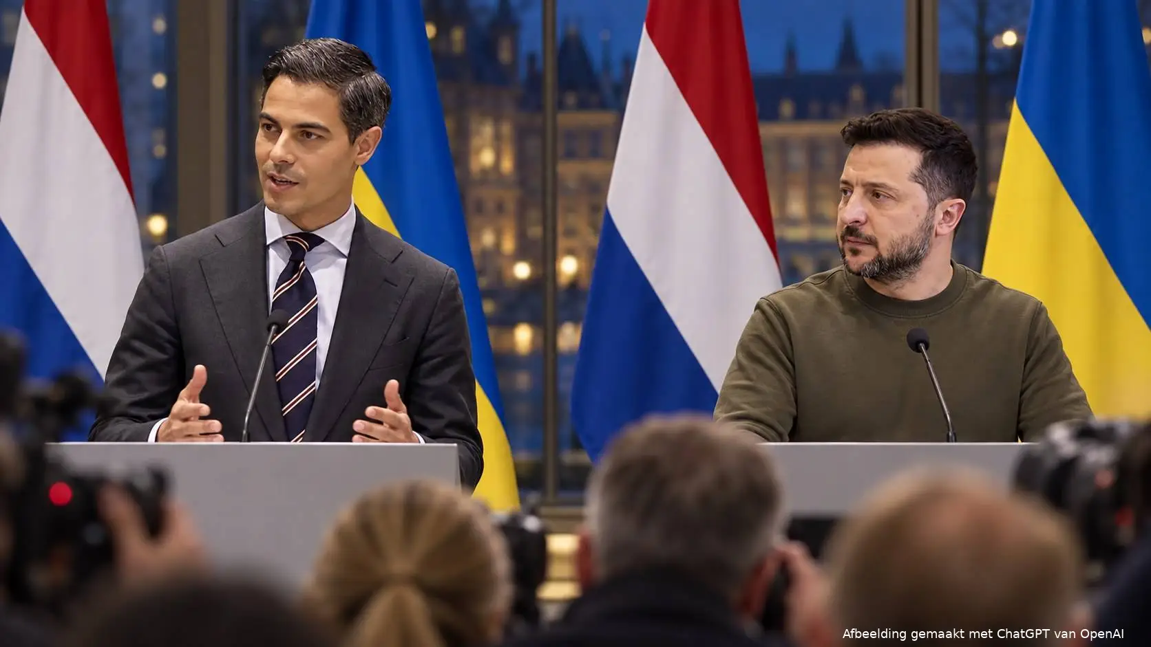 Jetten spreekt op een persconferentie naast Zelensky in groen sweatshirt, voor Nederlandse en Oekraïense vlaggen