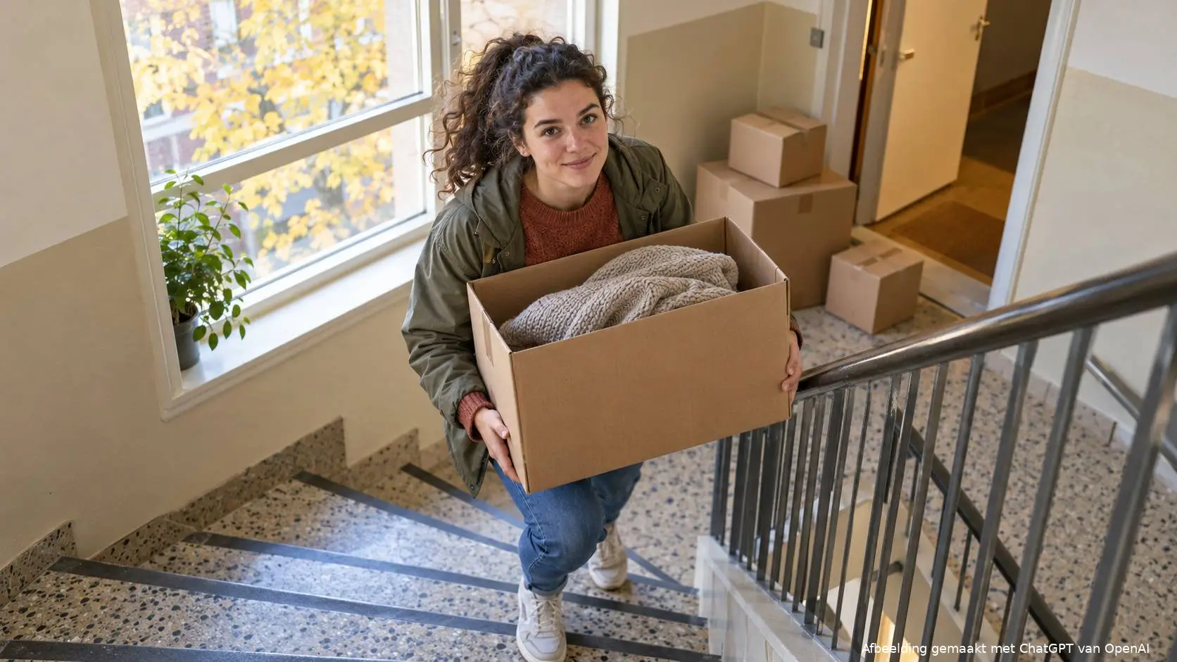 Jonge vrouw draagt een verhuisdoos de trap op van een portiekflat, met meer dozen op de overloop.