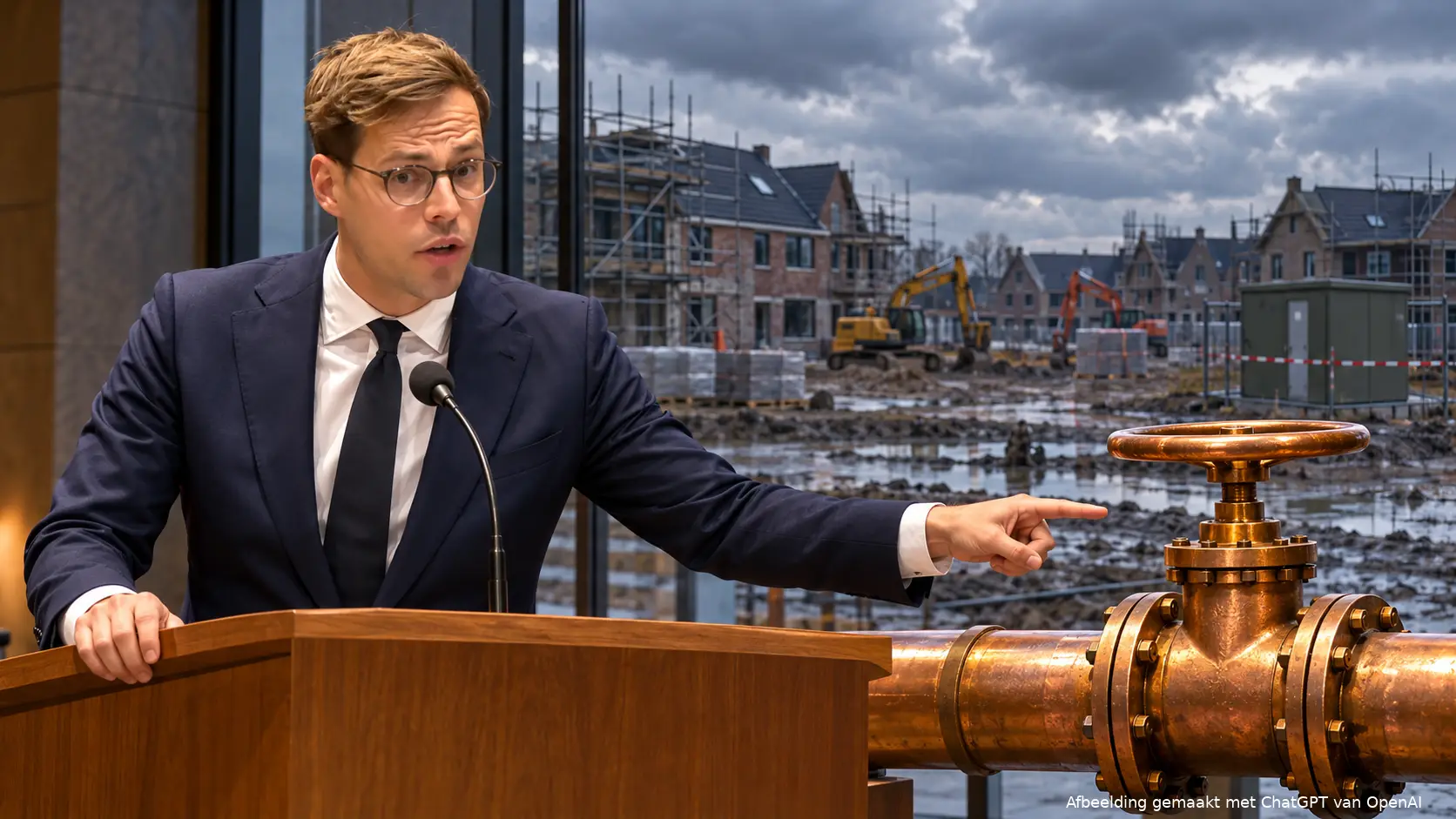 Illustratie van Jurgen Nobel die bij een spreekgestoelte naar een koperen gaskraan wijst, met een stilgevallen nieuwbouwwijk op de achtergrond.