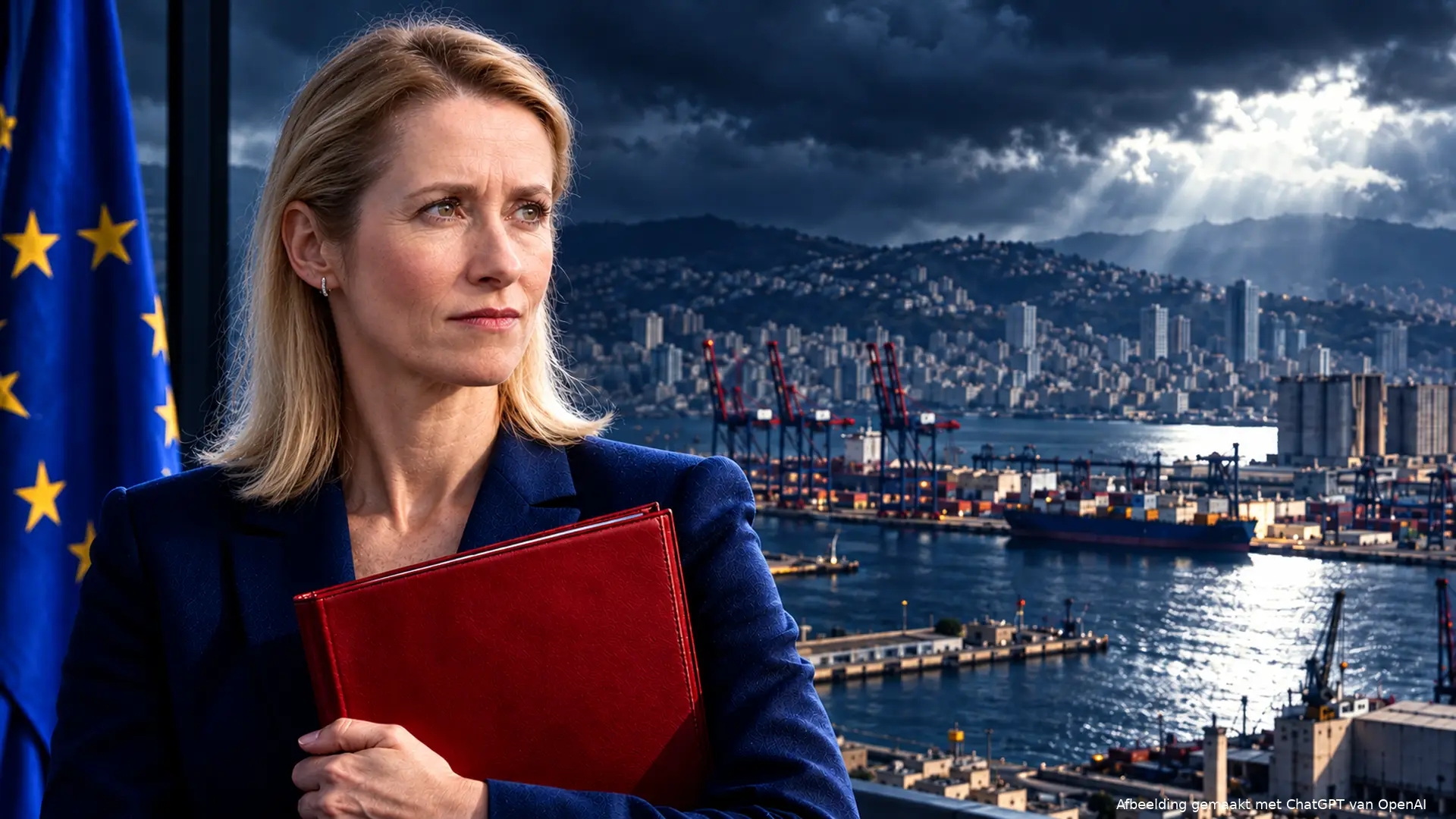 Illustratie van Kaja Kallas met een rood dossier, een Europese vlag en de haven van Beiroet op de achtergrond.