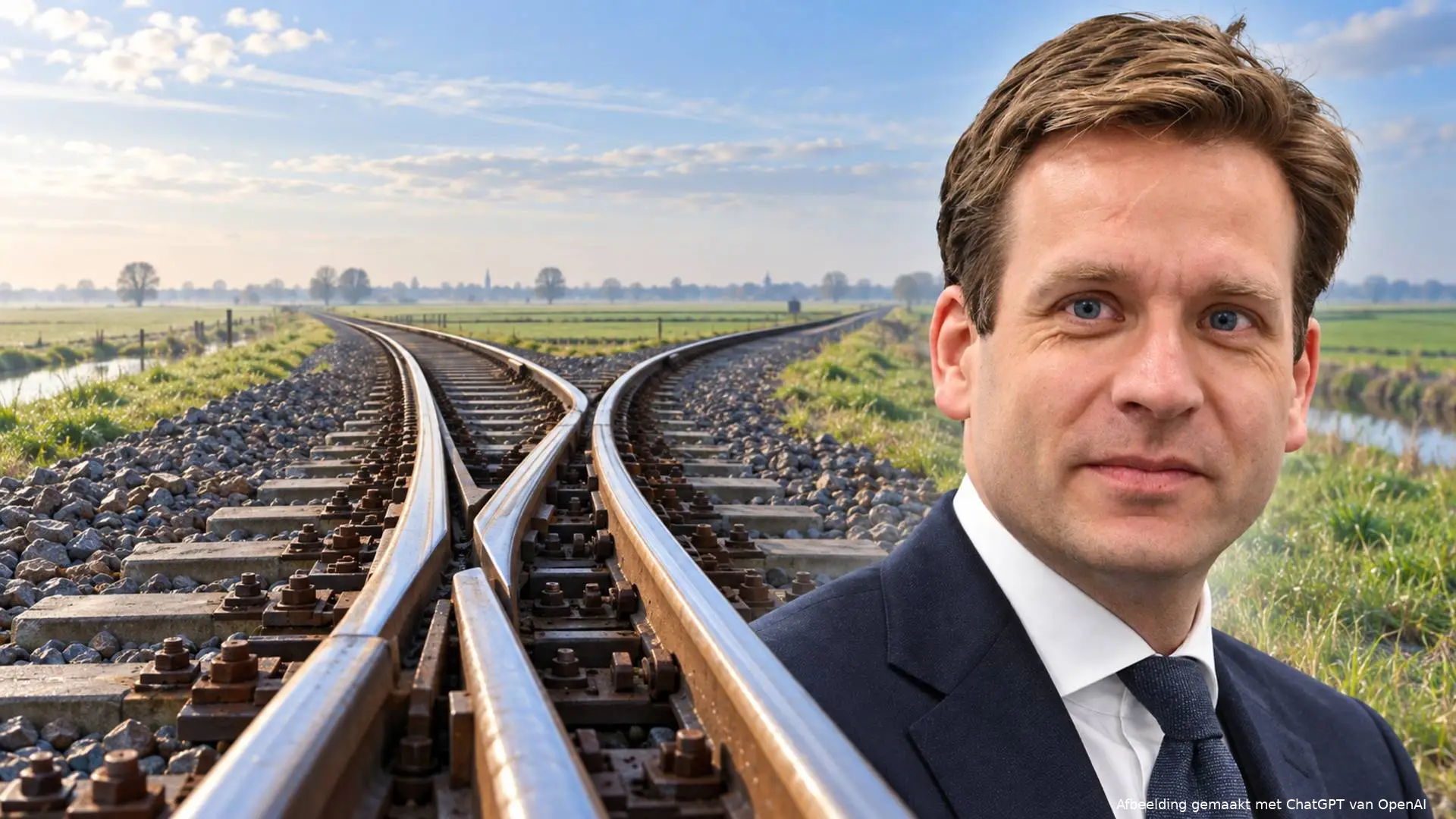Illustratie van Vincent Karremans naast een spoorwissel in een vlak Nederlands landschap.