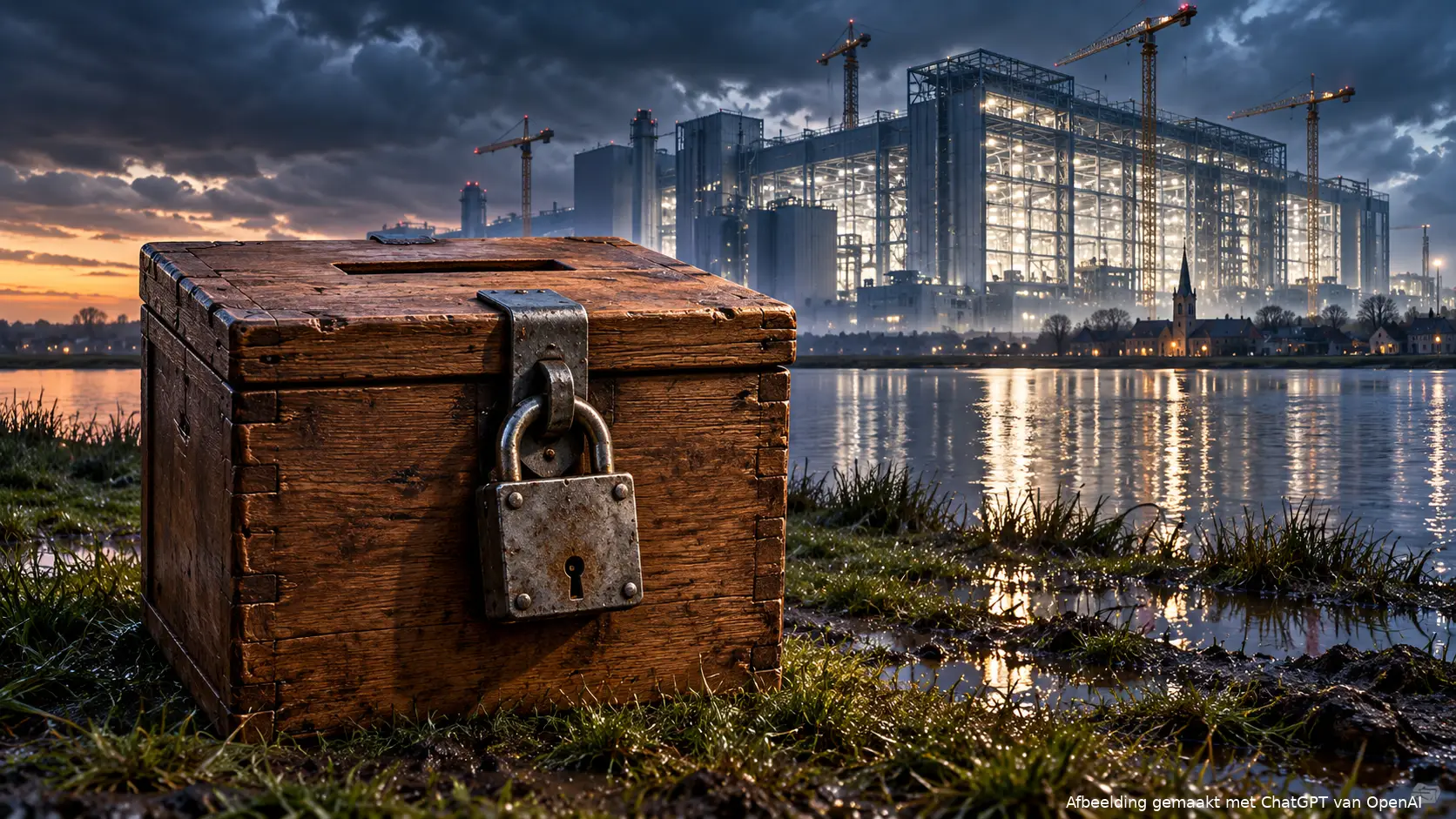 Een houten stembus met een zwaar hangslot aan een Hollands meer, met een reusachtige verlichte fabriek op de achtergrond.