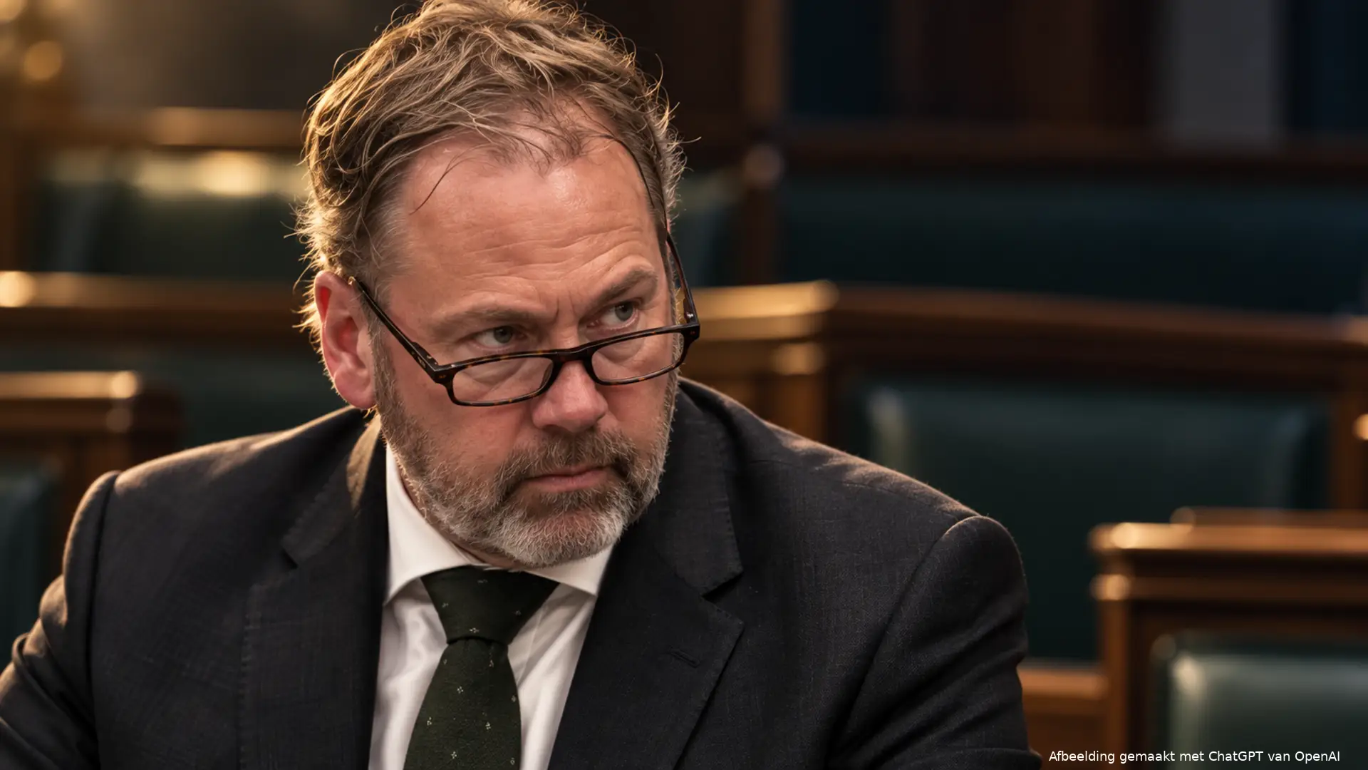Portretillustratie van FVD-senator Kemperman met een felle, vastberaden blik en een donkere parlementaire zaal op de achtergrond.