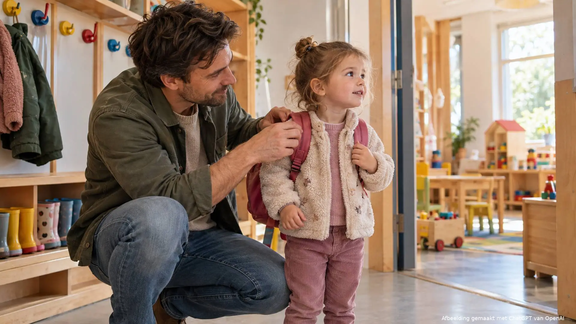ader doet zijn peuter een rugzak om in de garderobe van een kinderdagverblijf.