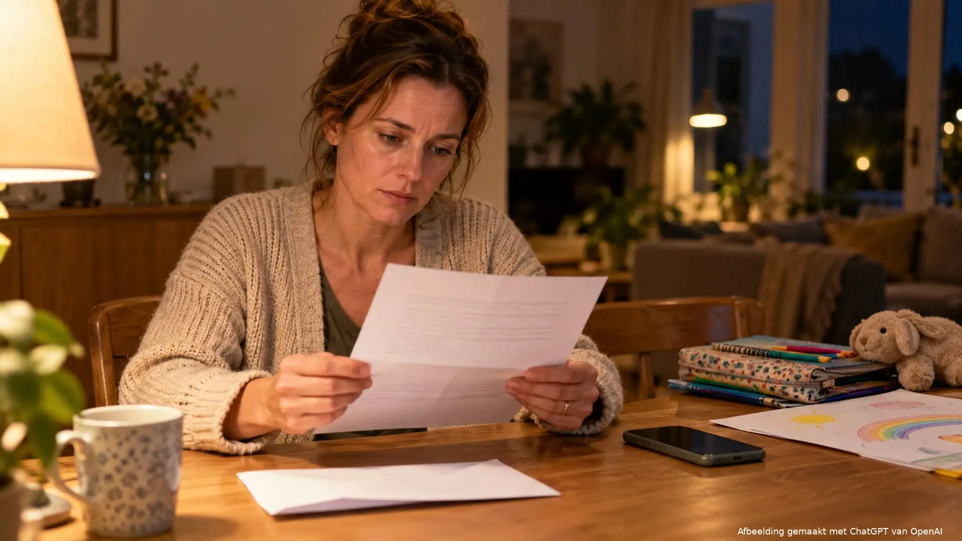 Moeder leest aan de eettafel een brief over haar toeslag, met schoolspullen op de achtergrond