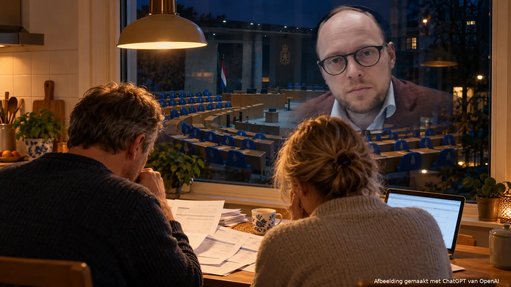Een stel bekijkt ’s avonds bankafschriften aan de keukentafel, met een laptop en thee. In het donkere raam zijn Eelco Eerenberg en een lege Kamerzaal met blauwe stoelen verwerkt (AI-beeld).