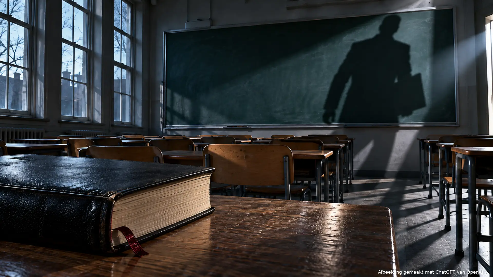 Een leeg klaslokaal met de slagschaduw van een inspecteur over de schoolbanken.