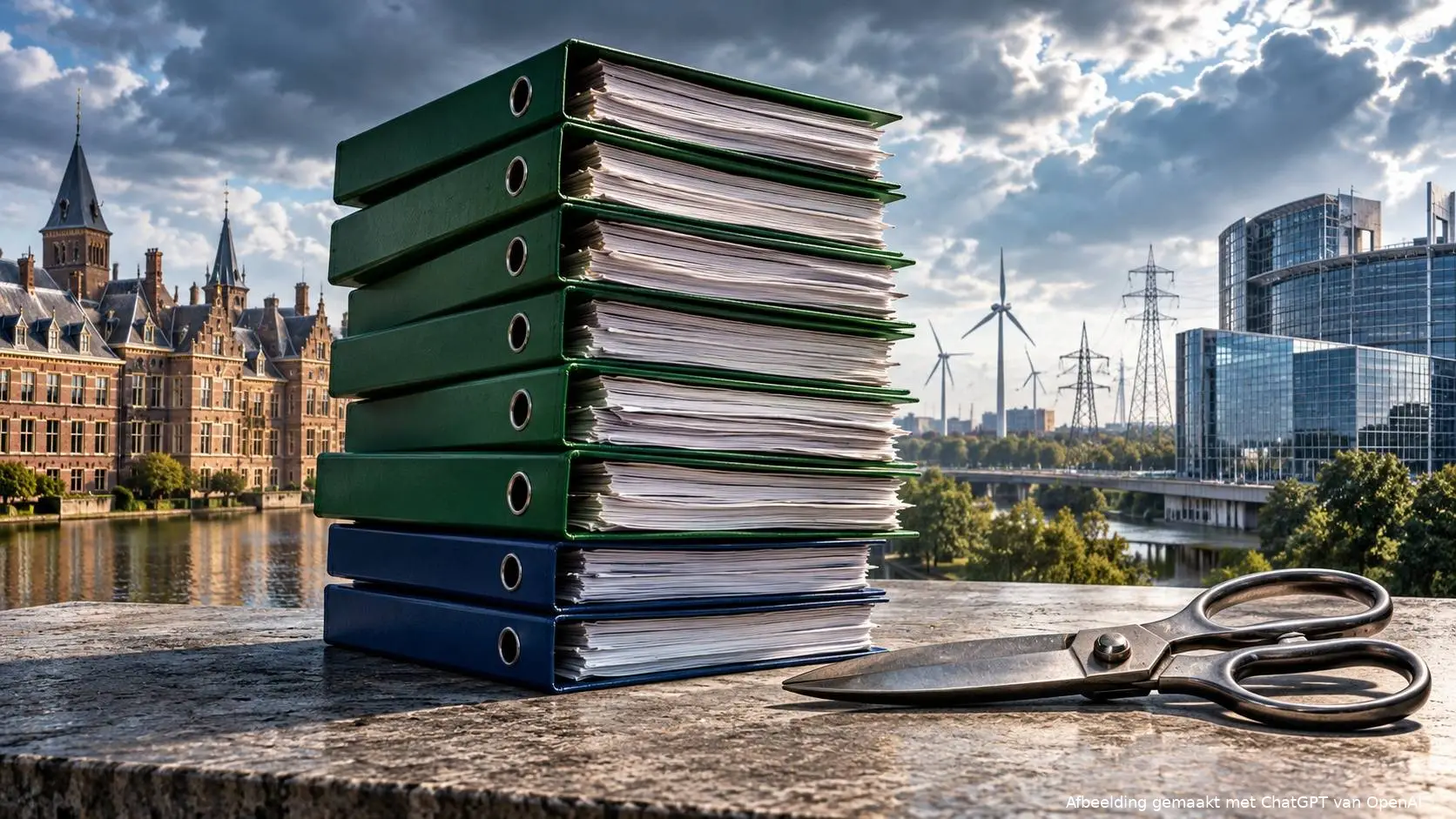 AI-illustratie van gestapelde klimaatdossiers en een schaar, met Haagse en Brusselse overheidsgebouwen op de achtergrond.