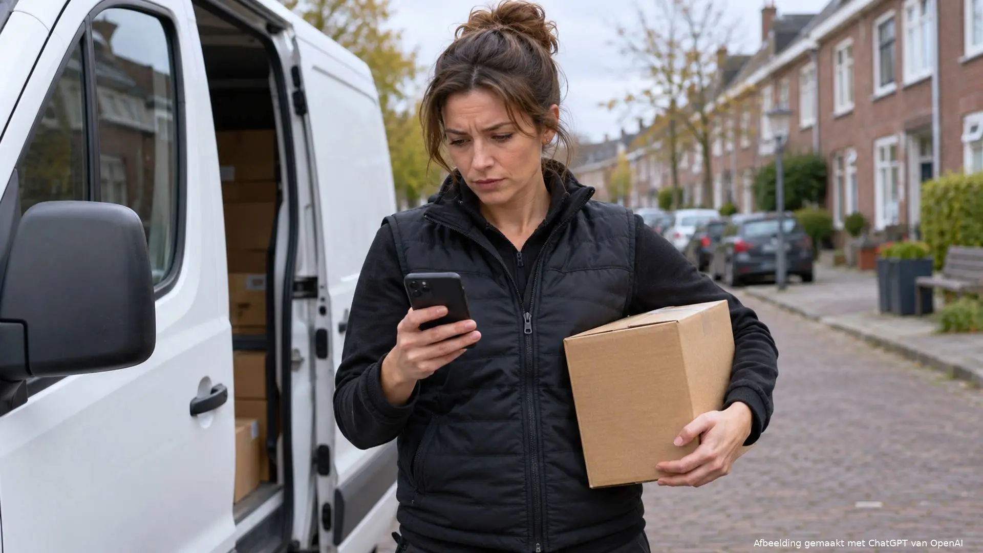 Pakketbezorger staat met een pakket naast een witte bestelbus en kijkt naar haar telefoon