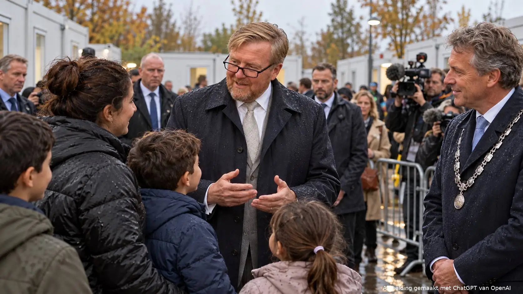 Koning Willem-Alexander praat in de regen met een bewonersgezin bij azc-containers, pers en burgemeester kijken toe