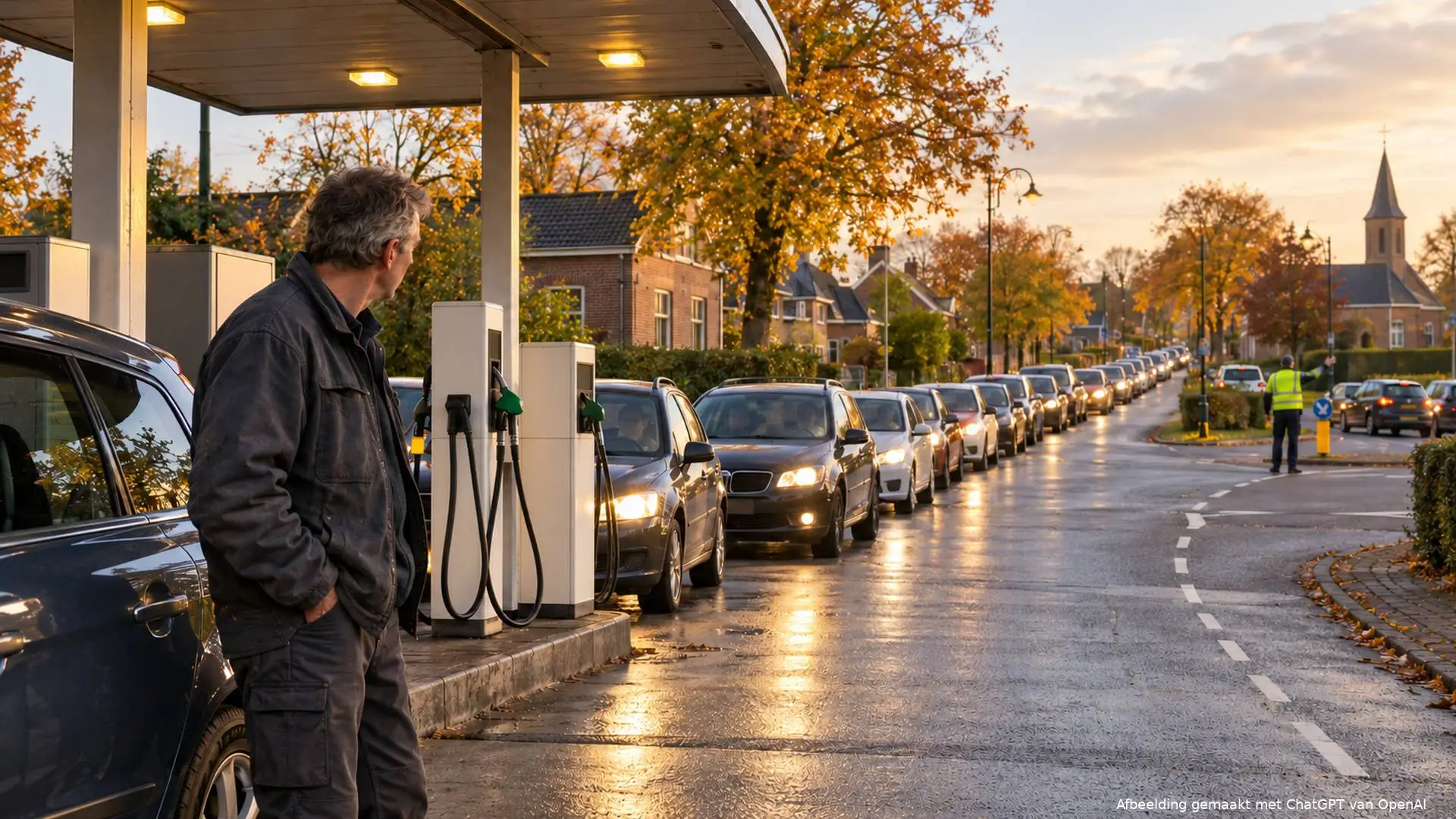 Lange rij auto’s in een dorpsstraat op weg naar een klein tankstation.
