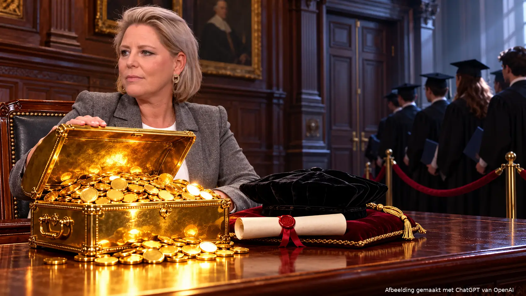 Illustratie van Rianne Letschert bij een open gouden geldkist en promotiebul, terwijl afgestudeerden achter een rood afzetkoord wachten.