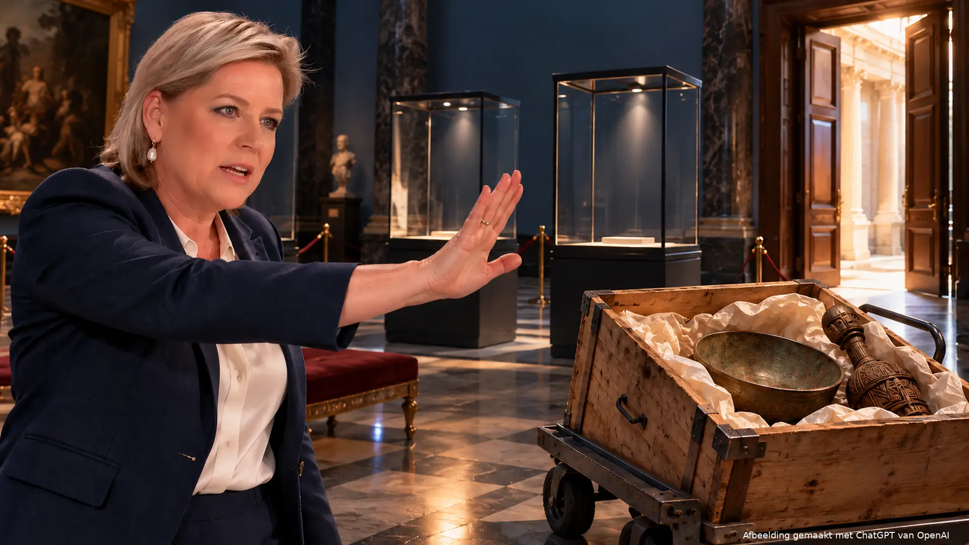 Satirische illustratie van Rianne Letschert met een afwijzend gebaar naast lege museumvitrines en een transportkist met historische objecten.