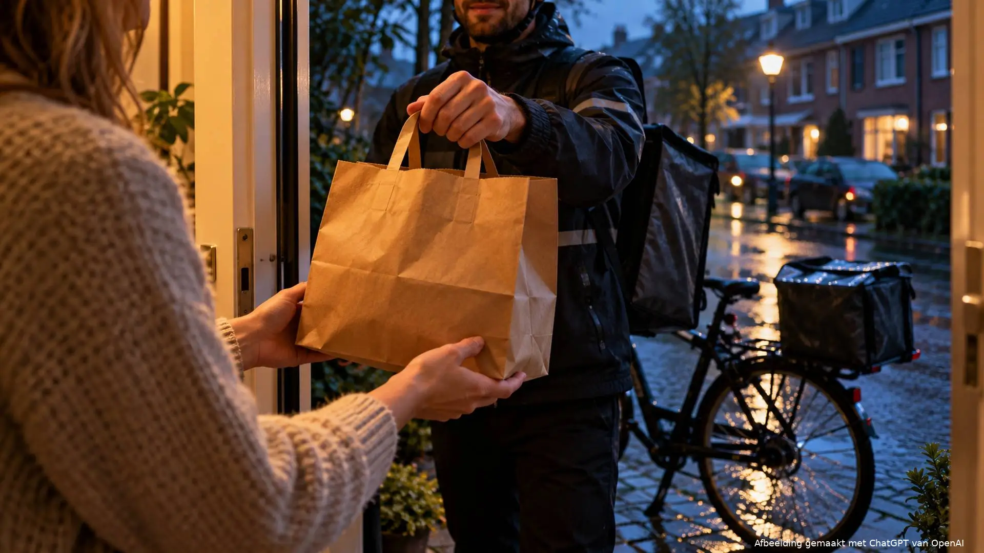 Bewoner neemt vanuit een verlichte hal een papieren maaltijdtas aan van een fietsbezorger op een regenachtige avond.