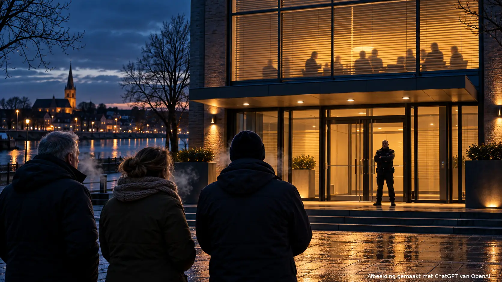 Inwoners buiten een verlicht gemeentehuis, met gesloten lamellen en een beveiliger bij de ingang.