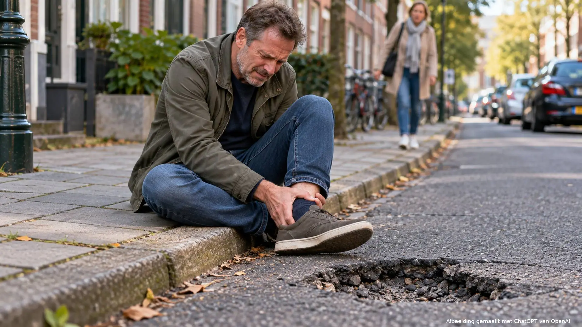 Een man die naast een gat in het wegdek op de stoep zit en zijn enkel vasthoudt.