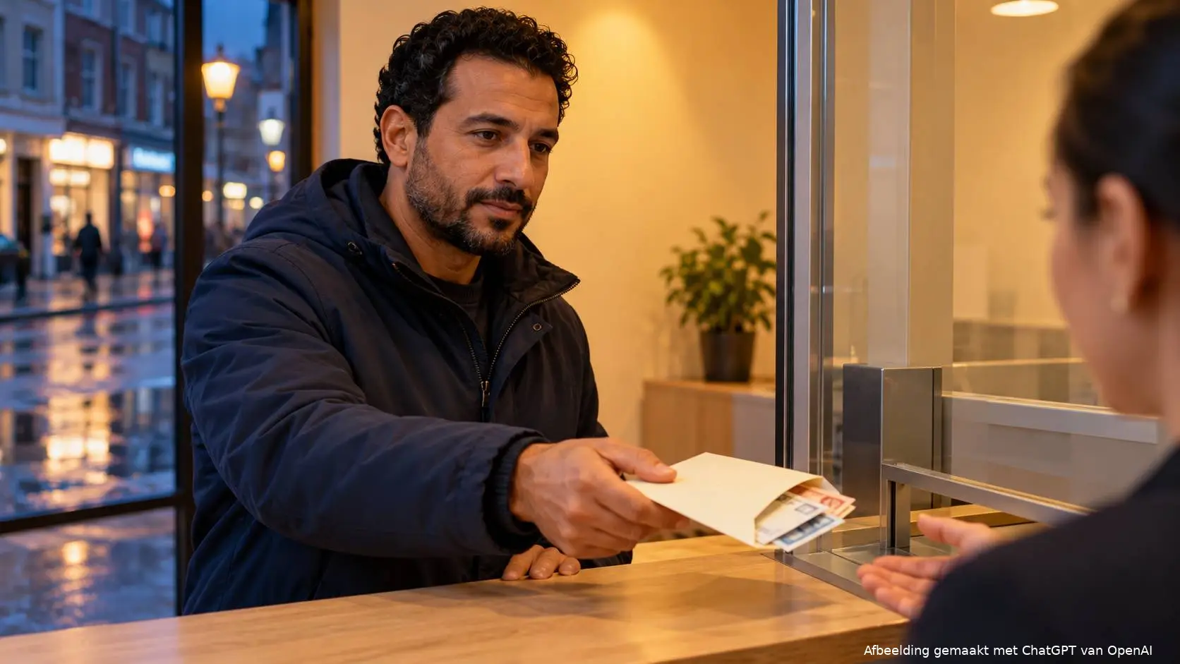 Man overhandigt ’s avonds een envelop met contant geld aan een medewerker van een geldtransferkantoor.