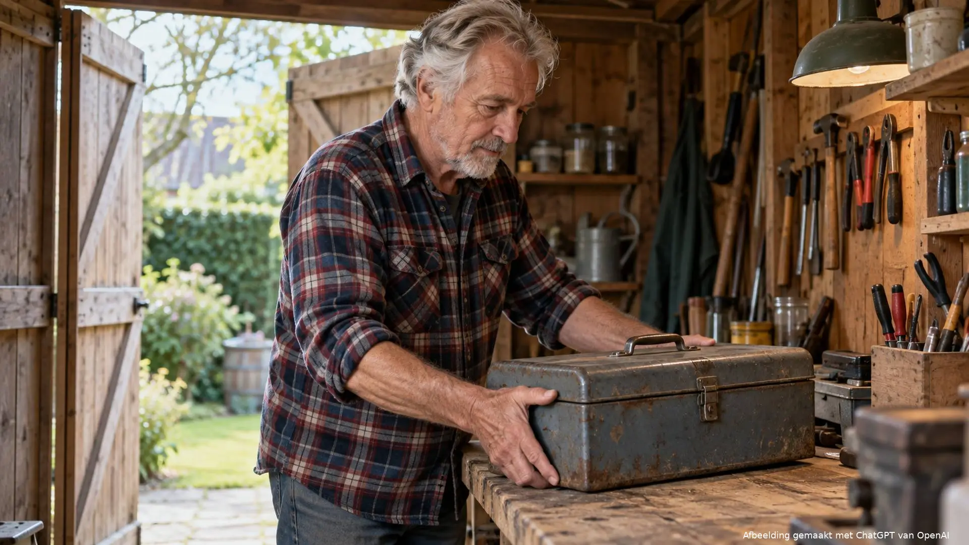 Man van eind zestig in een flanellen overhemd zet een metalen gereedschapskist op de werkbank in zijn tuinschuur.