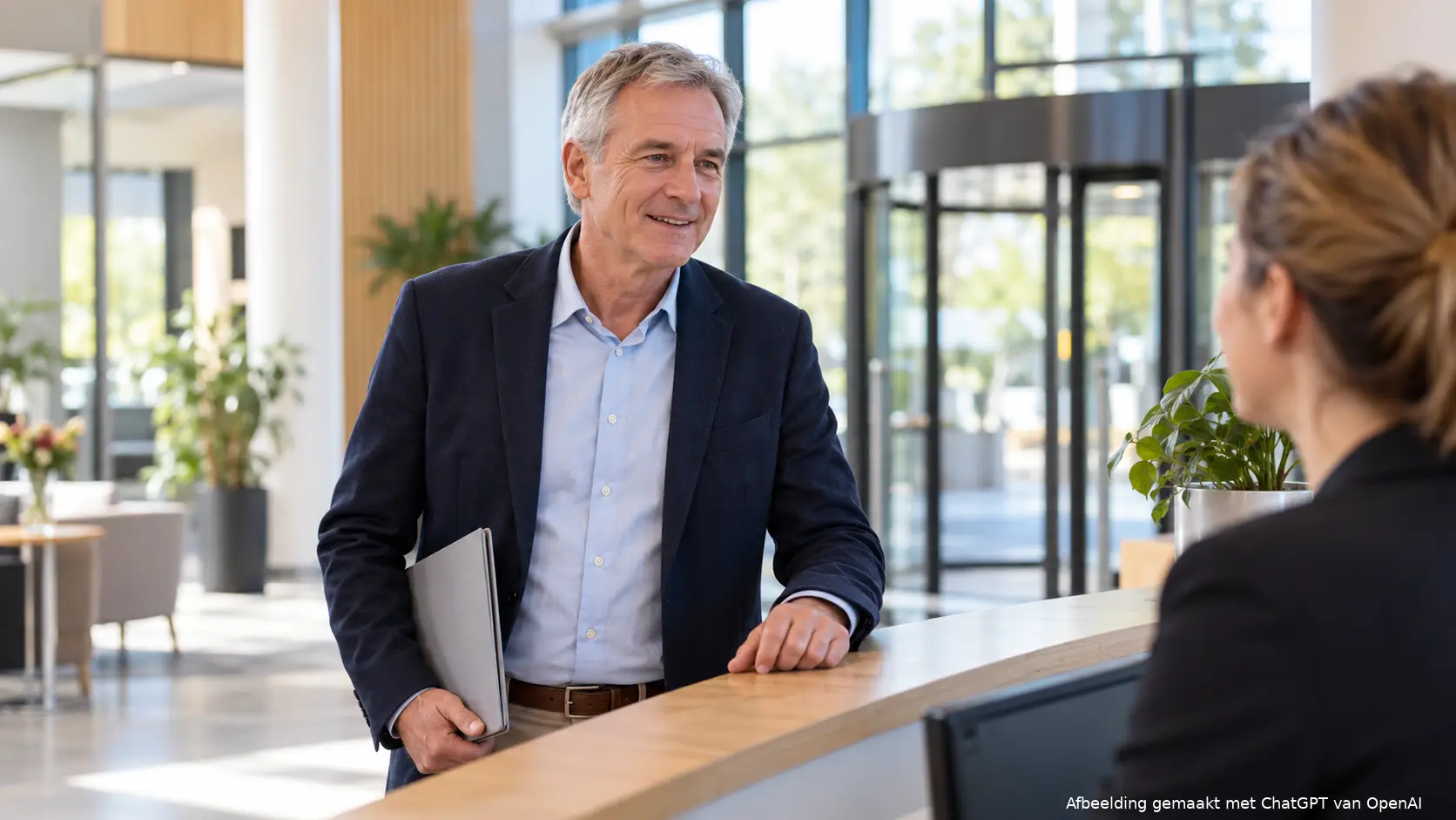 Man met een dunne map meldt zich bij de receptie van een bedrijf voor een sollicitatiegesprek.
