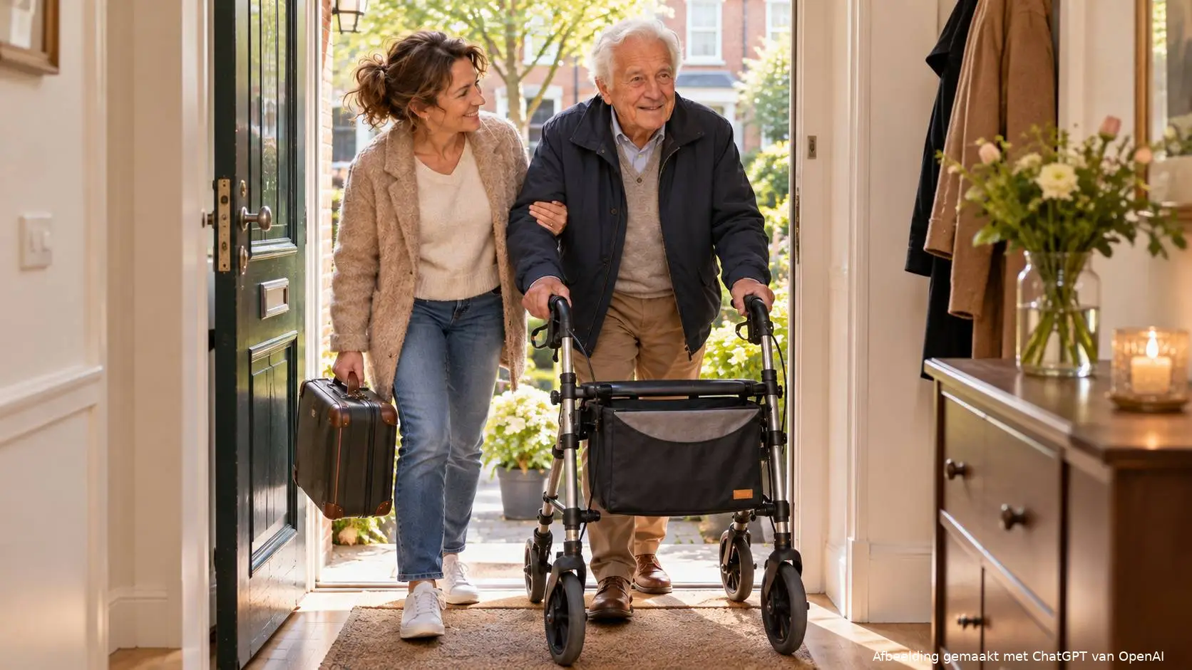 Vrouw van rond de 50 helpt haar vader met rollator en koffer haar rijtjeshuis binnen.