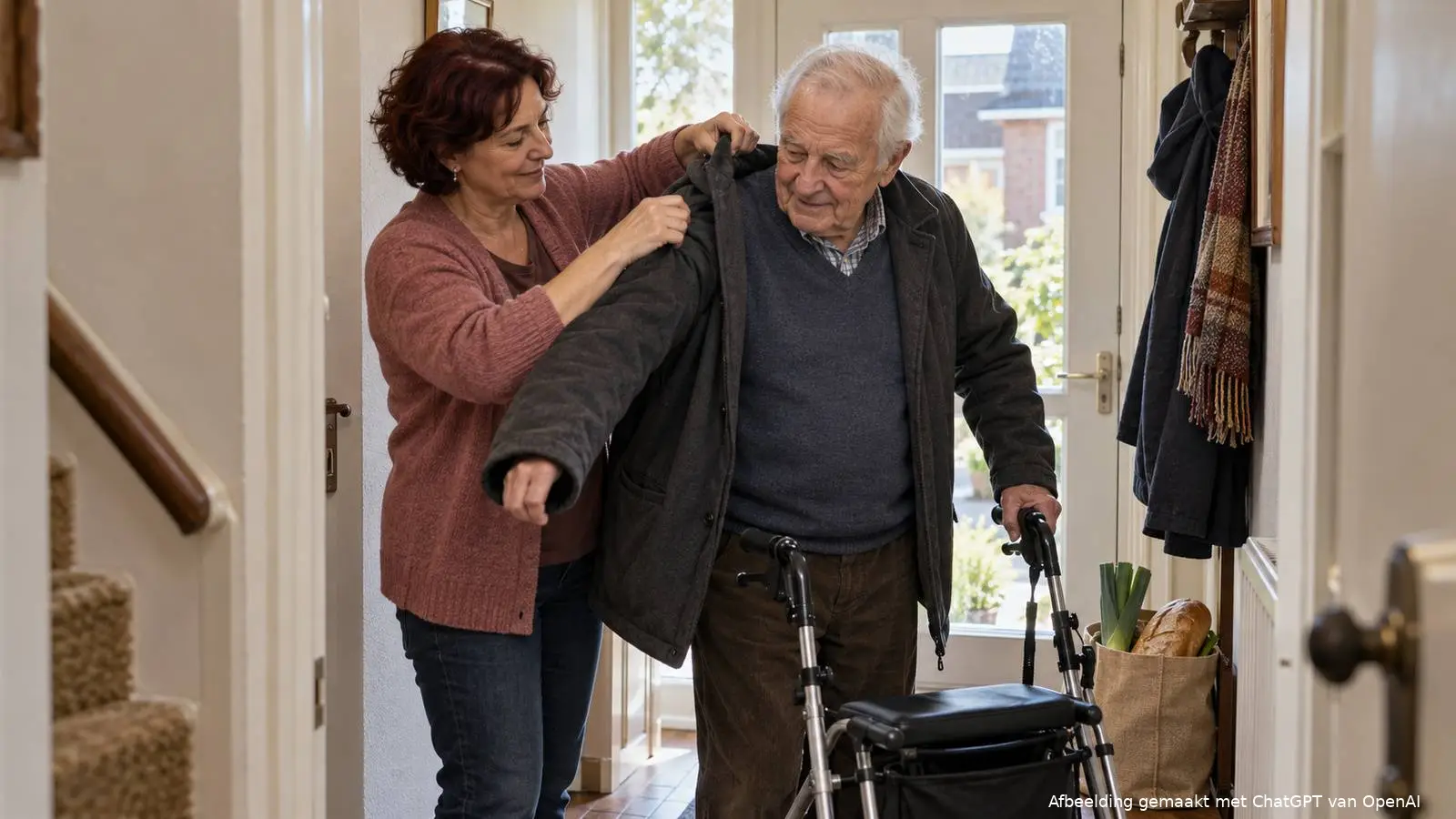 Dochter helpt haar oudere vader met zijn jas in de hal, naast een rollator en een boodschappentas.