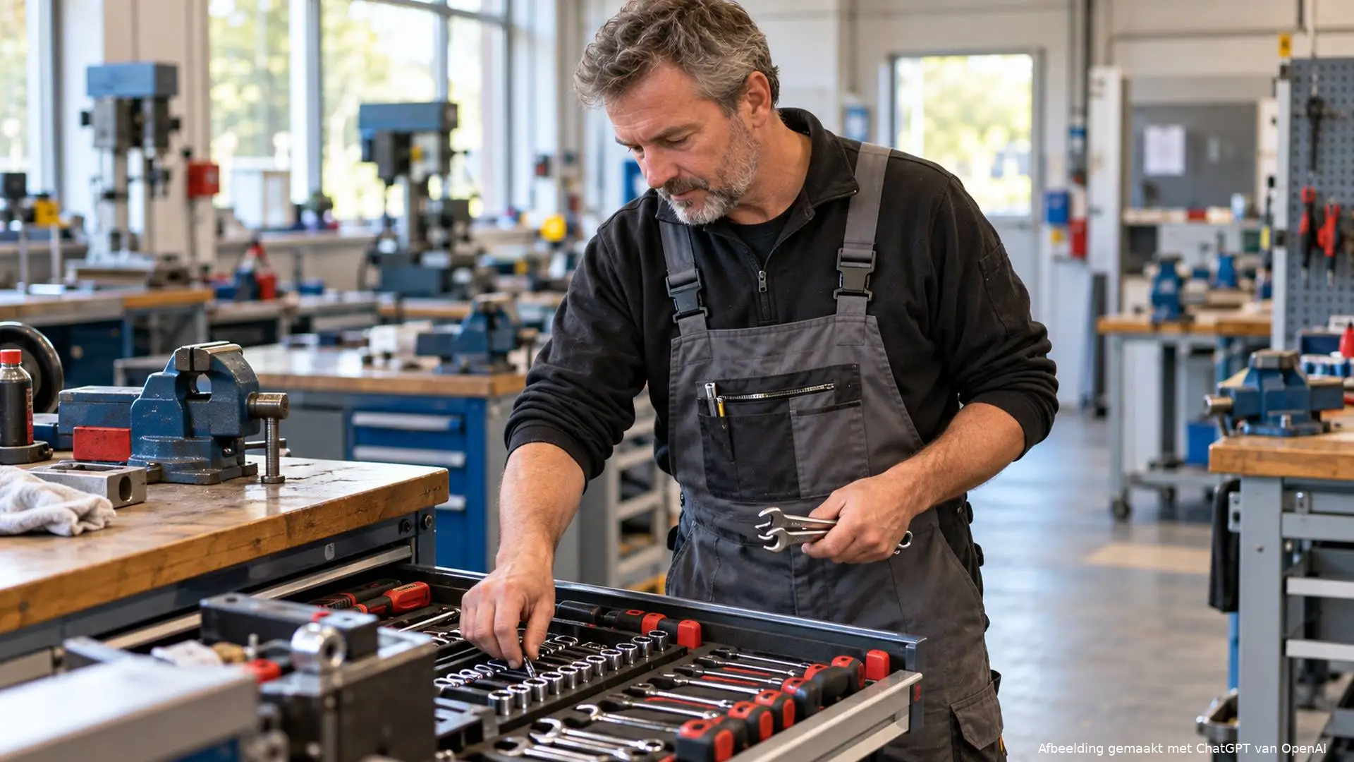 Illustratie van een mbo-docent die gereedschap klaarlegt in een praktijklokaal.