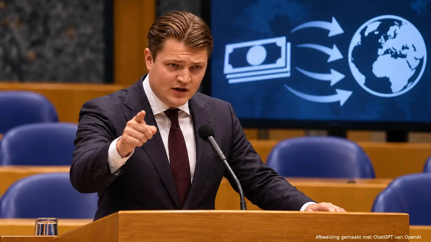 lustratie van Milan Schenk die spreekt in de Tweede Kamer, met achter hem een scherm dat geldoverboekingen naar het buitenland symboliseert.