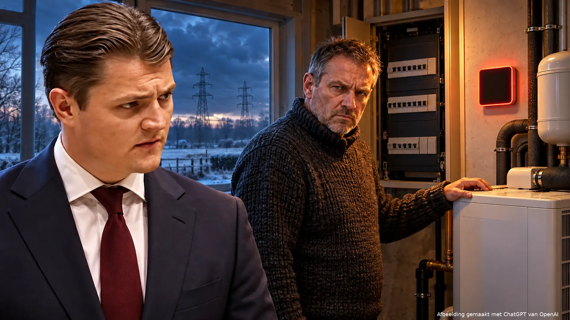 Illustratie van Milan Schenk naast een huiseigenaar bij een warmtepomp, open meterkast en rood oplichtende thermostaat, met hoogspanningsmasten buiten.