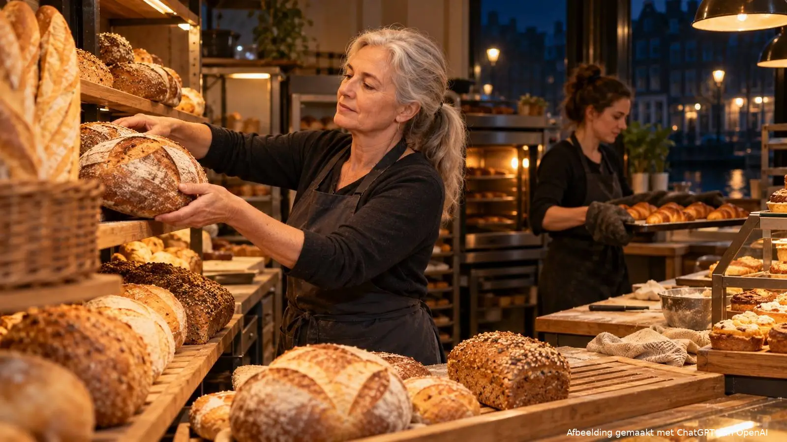 Medewerker zet brood in de schappen van een bakkerij, terwijl haar collega een bakplaat met croissants vasthoudt.