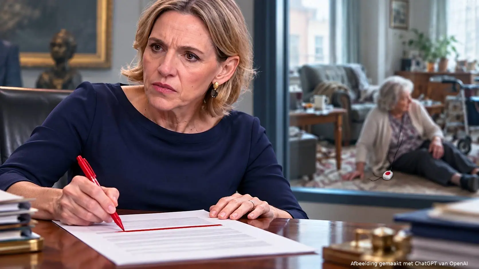 AI-illustratie van Mirjam Sterk die een regel doorstreept, met op de achtergrond een fictieve oudere vrouw op de vloer naast een alarmknop.