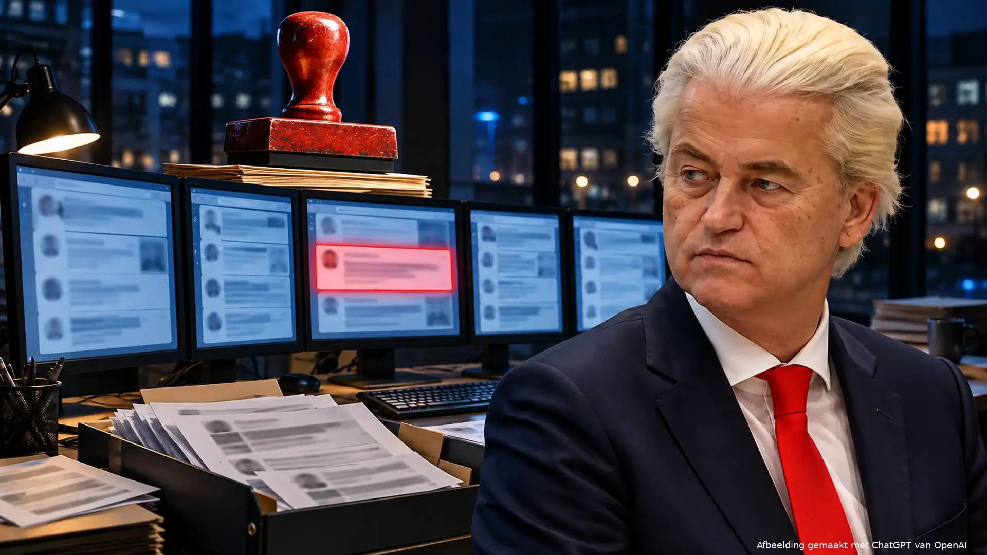 Illustratie van Geert Wilders naast schermen met een rood gemarkeerd bericht, een grote rode stempel en een dossierdoos vol uitgeprinte berichten.