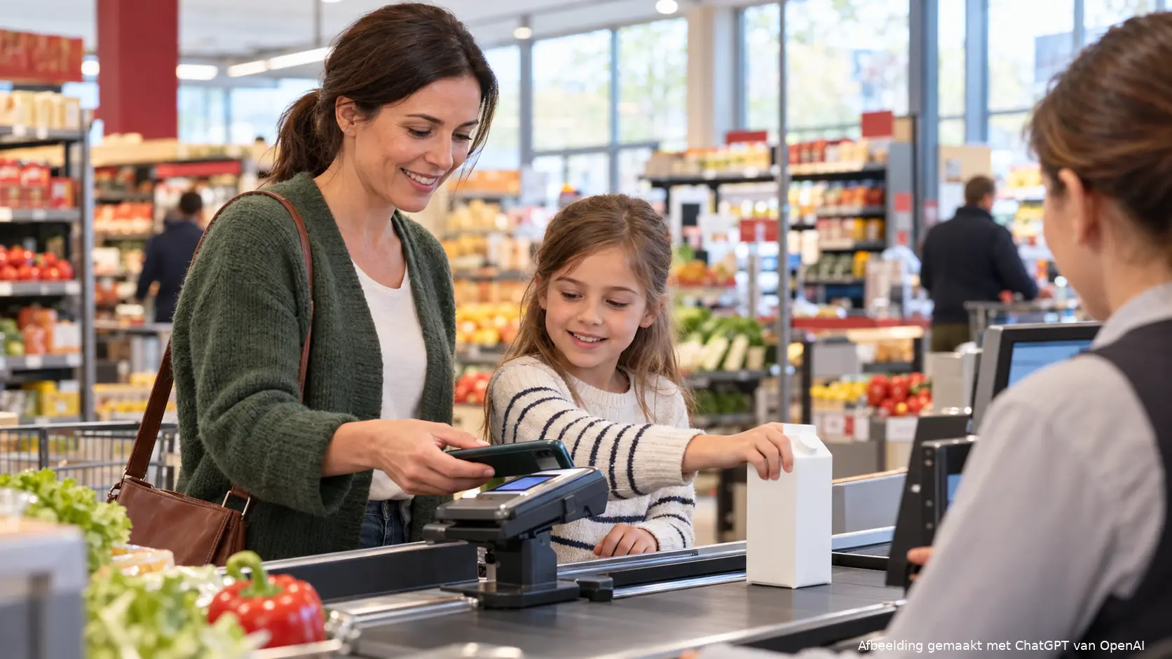 Moeder betaalt met haar telefoon bij de supermarktkassa terwijl haar dochter een pak melk op de band zet.