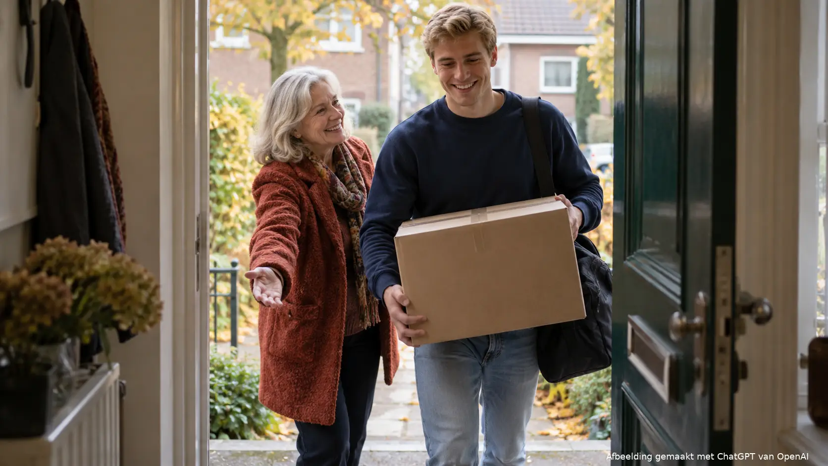Oudere vrouw verwelkomt haar volwassen zoon met een verhuisdoos bij de voordeur van haar rijtjeshuis.