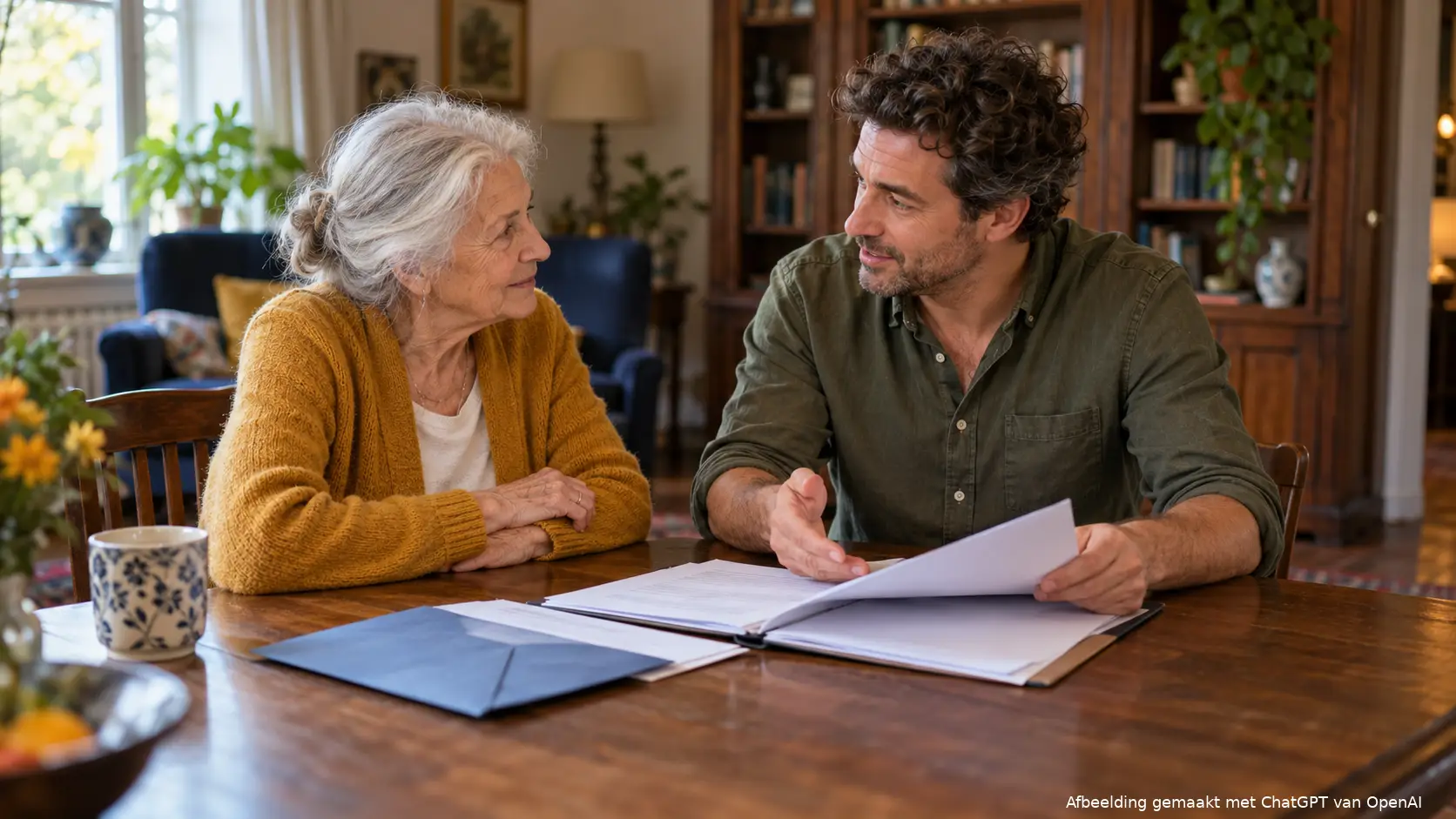 Oudere vrouw bespreekt met haar volwassen zoon papieren uit een map, met een geopende blauwe envelop op de eettafel.