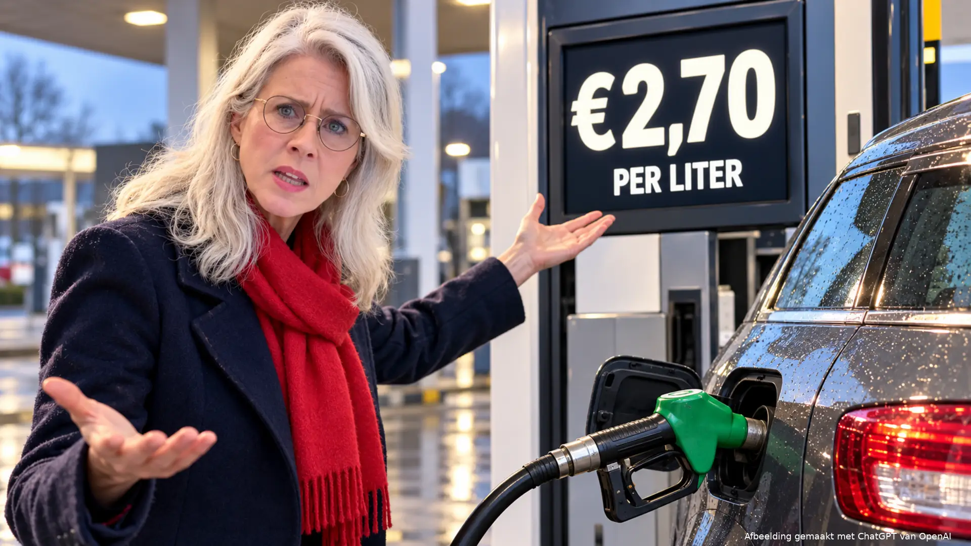Een boze Mona Keijzer naast een tankende auto, met €2,70 per liter op de benzinepomp.
