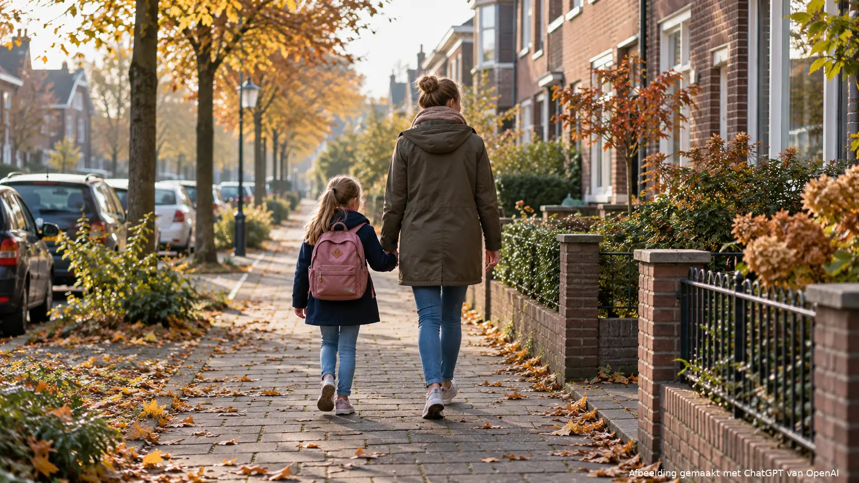 Illustratie van een moeder die met haar dochter door een woonstraat loopt.